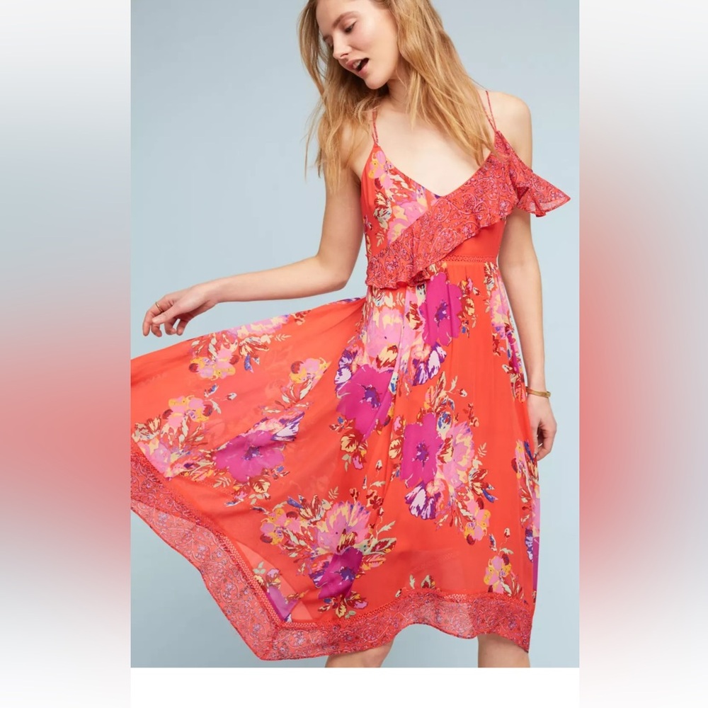 Anthropologie Maeve Dress Red Grecia Ruffle Floral V Neck Flowy Boho Size 4